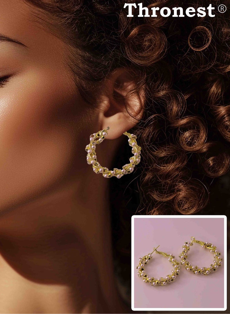 Thronest Elegant 18K Gold Pearl Hoop Earrings，Pearl Ear Studs，Gold pearl ring design，Suitable for daily life, attending parties, weddings  - Image 1