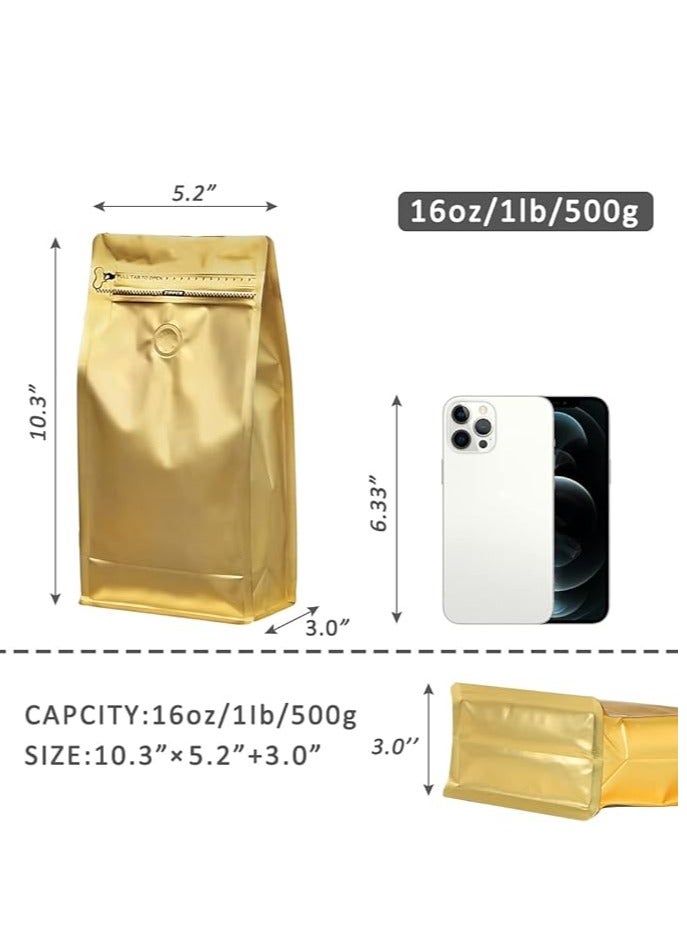 Home zone Coffee Bags with Valve(25 pcs,16 oz/1 lb) Gold High Barrier Aluminum Foil Flat Bottom Standing Empty Coffee Beans Storage Bag,Reusable Heat Sealable Side Zipper Pouches for Home or Store  - Image 2