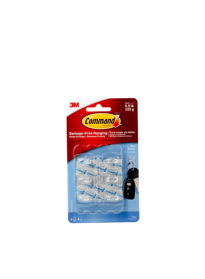 Command 17006CLR-ES Hooks with Strips, Mini, Holds 225 gr. each hook, Clear color. 6 hooks and 8 strips/pack - Image 1