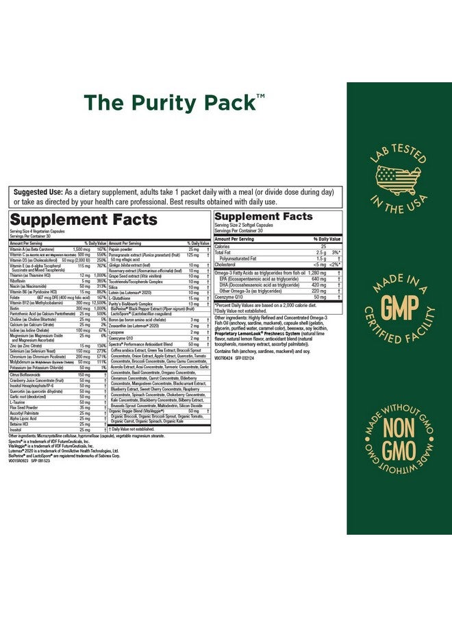 مجموعة Purity Pack (Elite Multi + Fish Oil + COQ10) - Purity Products - 1280 مجم من EPA + DHA + Omega-3 من Ultra Pure Fish Oil - مليئة بالفيتامينات والمعادن والفواكه الفائقة والمزيد - 30 عبوة للأخذ معك