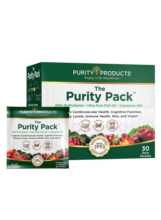 مجموعة Purity Pack (Elite Multi + Fish Oil + COQ10) - Purity Products - 1280 مجم من EPA + DHA + Omega-3 من Ultra Pure Fish Oil - مليئة بالفيتامينات والمعادن والفواكه الفائقة والمزيد - 30 عبوة للأخذ معك