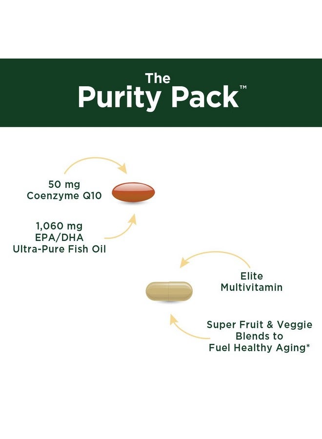 مجموعة Purity Pack (Elite Multi + Fish Oil + COQ10) - Purity Products - 1280 مجم من EPA + DHA + Omega-3 من Ultra Pure Fish Oil - مليئة بالفيتامينات والمعادن والفواكه الفائقة والمزيد - 30 عبوة للأخذ معك