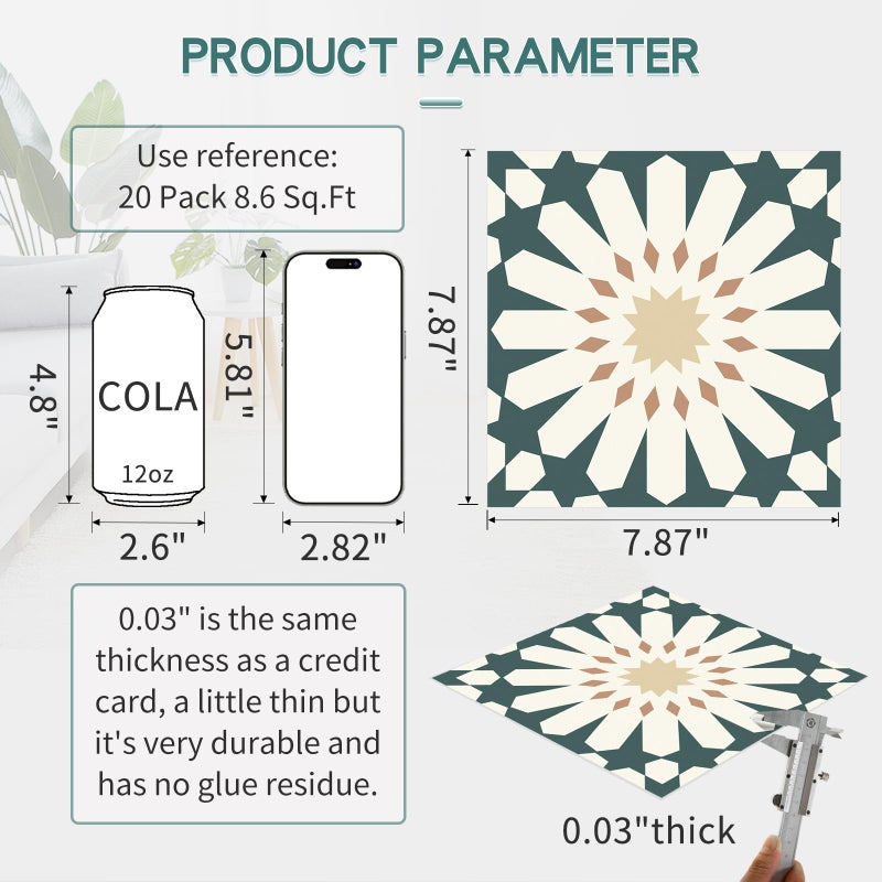 MORCART Peel and Stick Floor Tile - 20 PCS, 7.87" x 7.87" Vinyl Flooring - Waterproof Self-Adhesive Tile Sticker for Wall, Bathroom, Kitchen, Fireplace, Hallway - Green Floral Look - Image 2