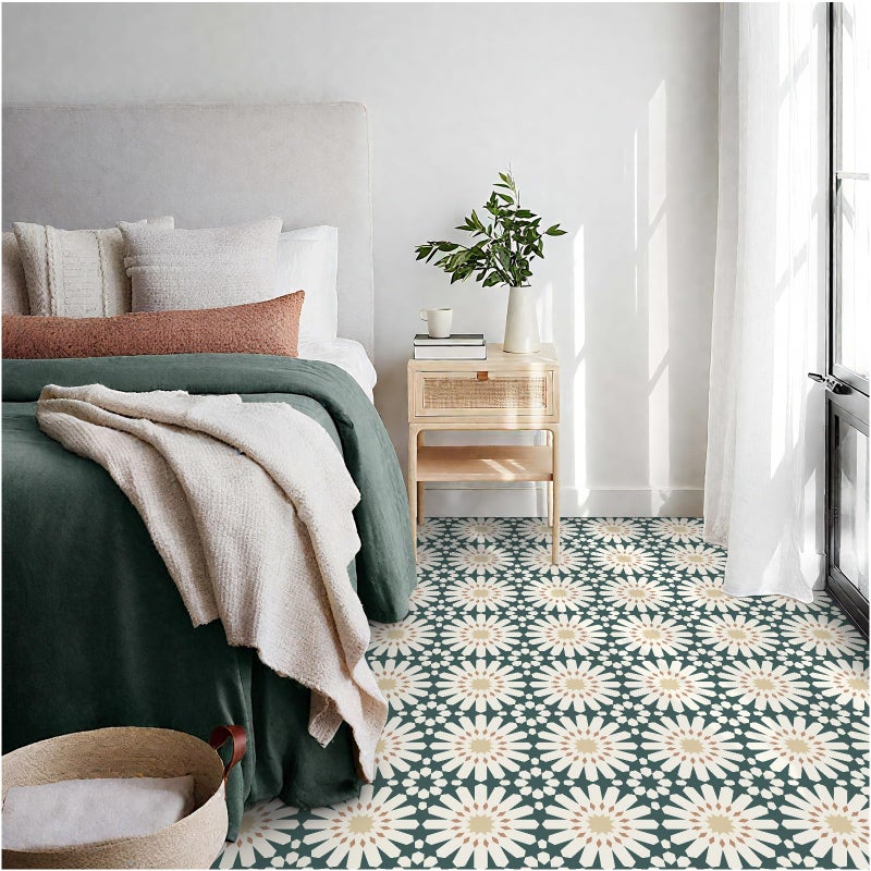 MORCART Peel and Stick Floor Tile - 20 PCS, 7.87" x 7.87" Vinyl Flooring - Waterproof Self-Adhesive Tile Sticker for Wall, Bathroom, Kitchen, Fireplace, Hallway - Green Floral Look - Image 1