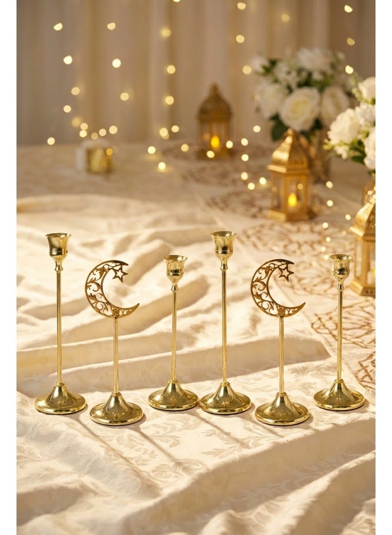 6pcs Gold Ramadan Candle Holder, Table Center Decoration, Candlestick Decoration, Wedding Romantic Candlelight Dinner Props Cup Indoor Bedroom Candlestick, Stars, Moon, Lantern - Image 2