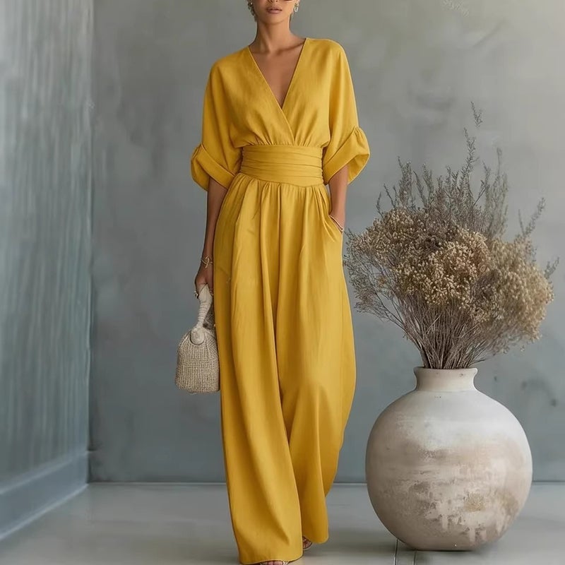 2026 European and American Cross-Border Spring/Summer New Elegant High-Waisted V-Neck Jumpsuit