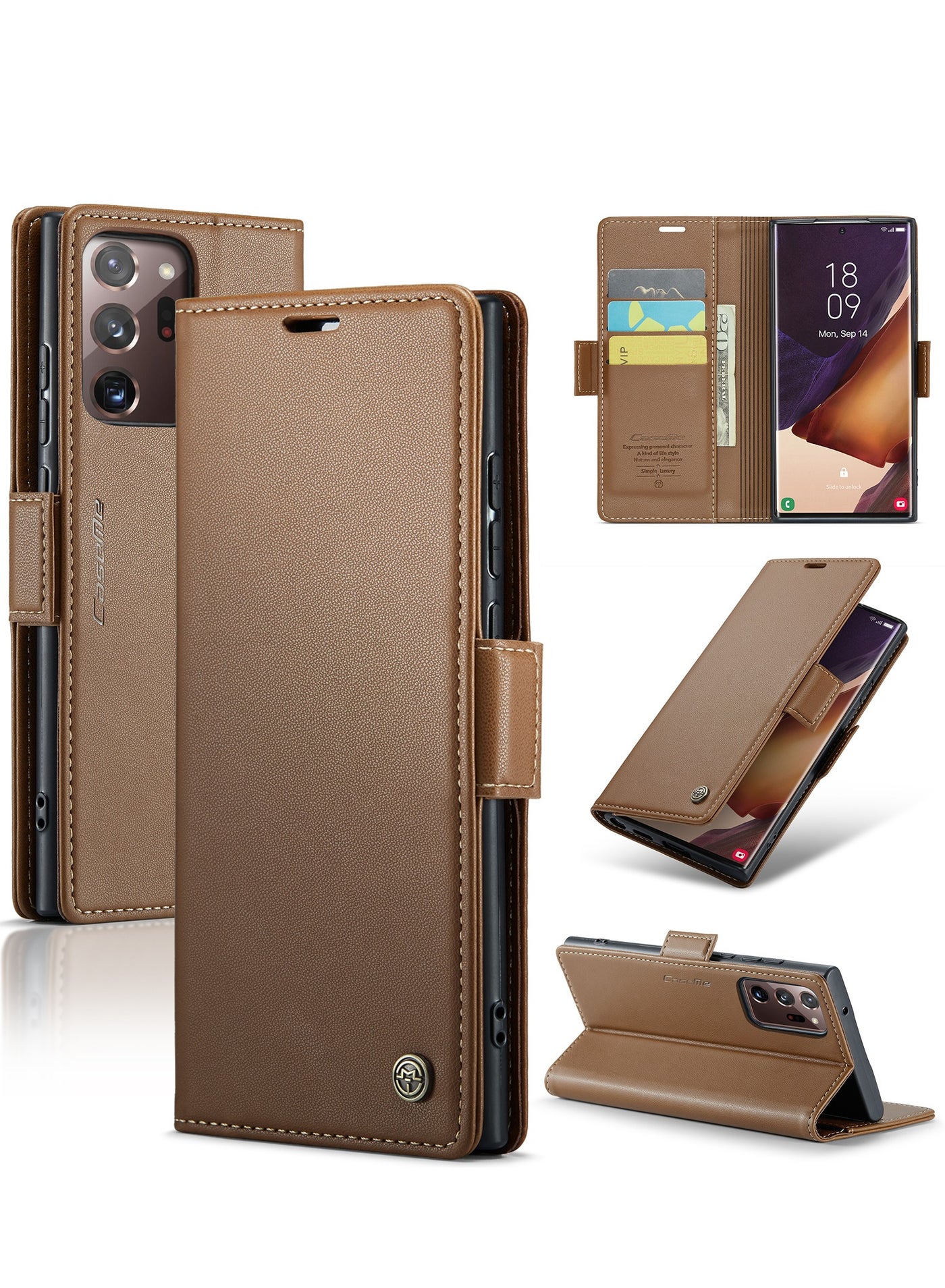 CaseMe Flip Wallet Case For Samsung Galaxy Note 20 Ultra, [RFID Blocking] PU Leather Wallet Flip Folio Case with Card Holder Kickstand Shockproof Phone Cover (Brown)