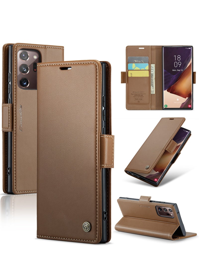 CaseMe Flip Wallet Case For Samsung Galaxy Note 20 Ultra, [RFID Blocking] PU Leather Wallet Flip Folio Case with Card Holder Kickstand Shockproof Phone Cover (Brown) - Image 1