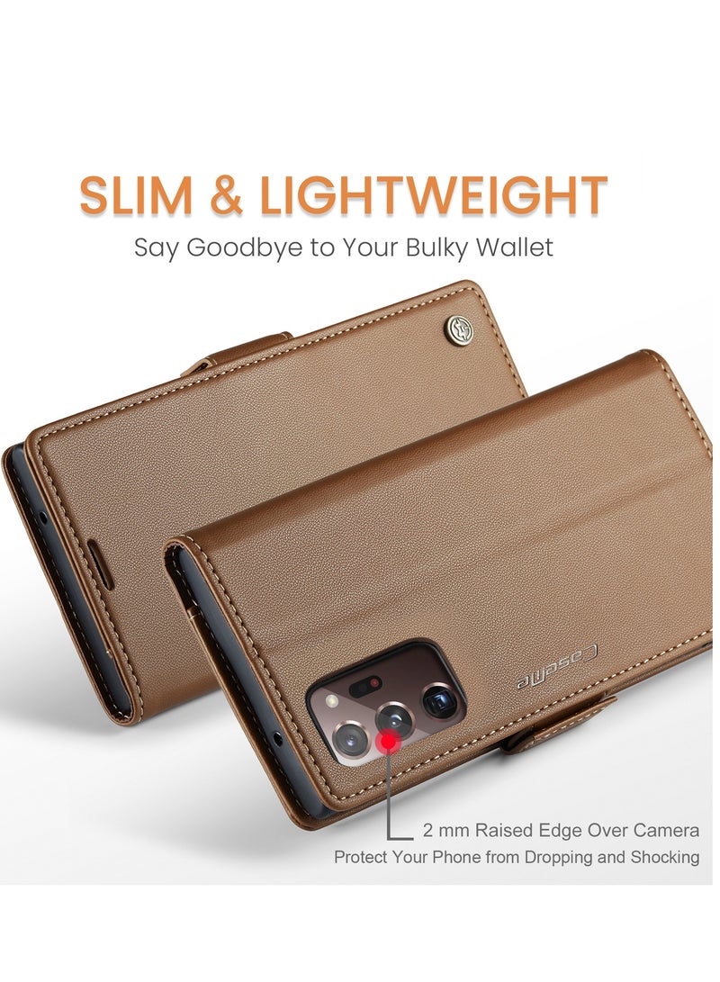 CaseMe Flip Wallet Case For Samsung Galaxy Note 20 Ultra, [RFID Blocking] PU Leather Wallet Flip Folio Case with Card Holder Kickstand Shockproof Phone Cover (Brown) - Image 2