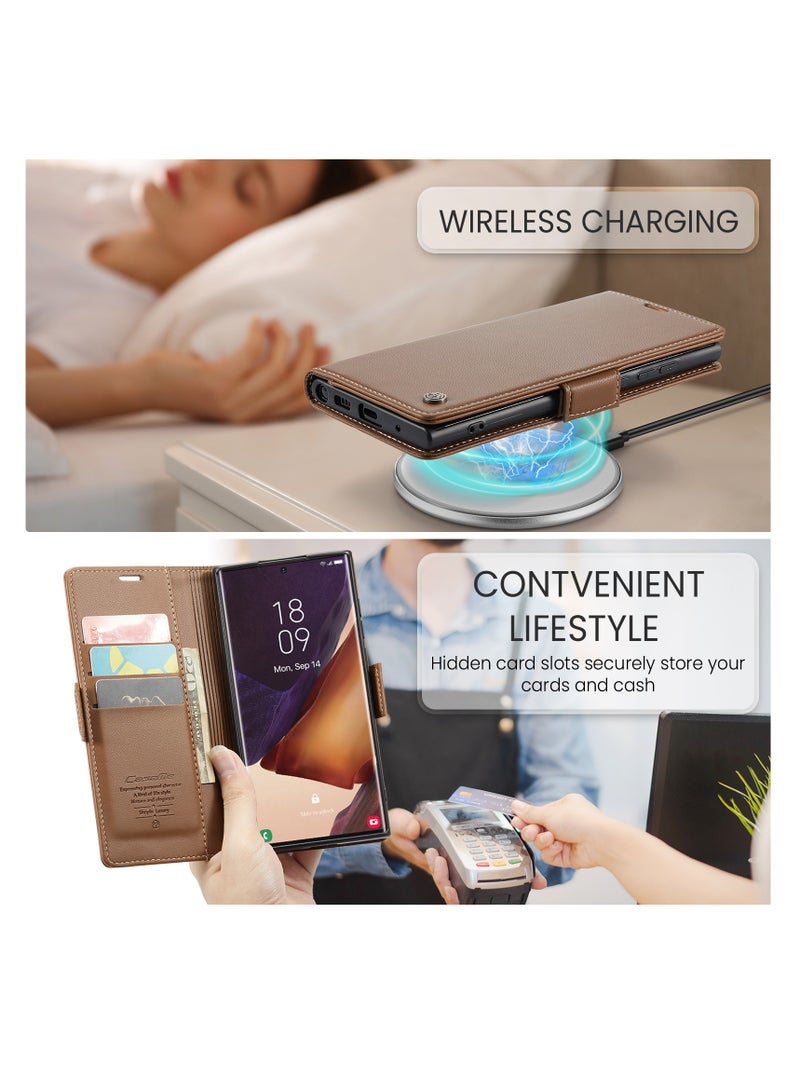 CaseMe Flip Wallet Case For Samsung Galaxy Note 20 Ultra, [RFID Blocking] PU Leather Wallet Flip Folio Case with Card Holder Kickstand Shockproof Phone Cover (Brown) - Image 4