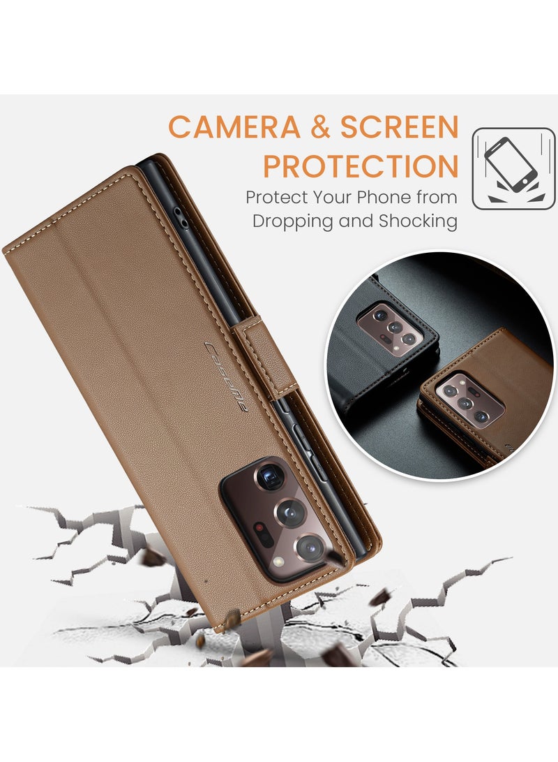 CaseMe Flip Wallet Case For Samsung Galaxy Note 20 Ultra, [RFID Blocking] PU Leather Wallet Flip Folio Case with Card Holder Kickstand Shockproof Phone Cover (Brown) - Image 5