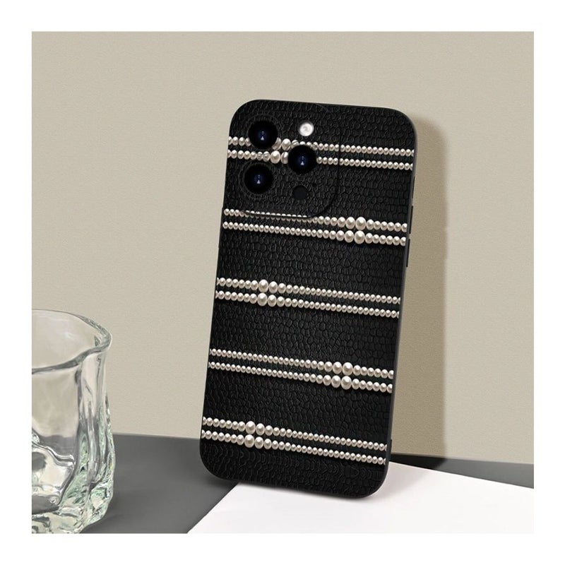 Retro Imitation Leather Phone Cover with Gap Design Pearl Pattern for iPhone 13 Black - Image 3