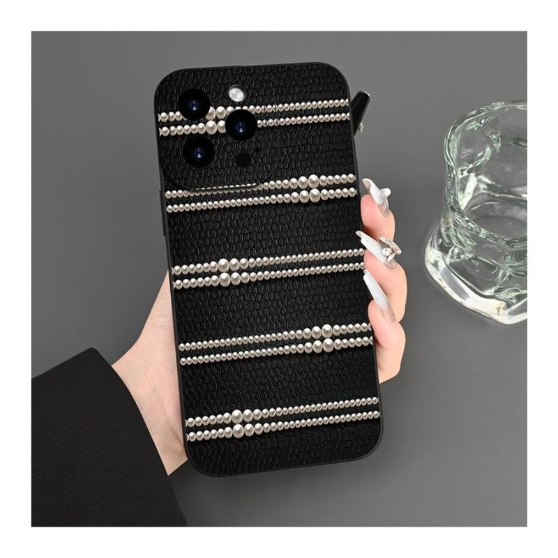 Retro Imitation Leather Phone Cover with Gap Design Pearl Pattern for iPhone 13 Black - Image 5