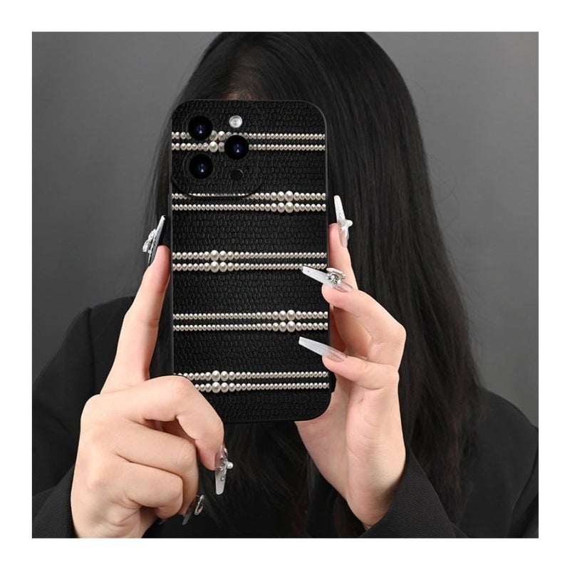 Retro Imitation Leather Phone Cover with Gap Design Pearl Pattern for iPhone 13 Black - Image 4