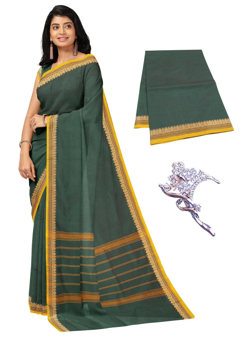 NandaVanam Women's Chettinad Cotton Sarees | Handloom Saree with Blouse | Pure Cotton Sarees for Women Daily use and All Occasion Wear| Soft, Comfort Cotton Saree (Bottle Green) - Image 1