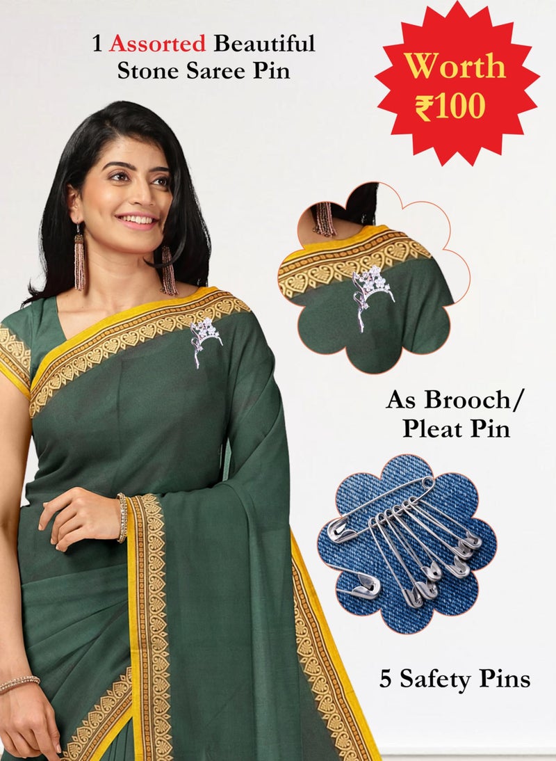 NandaVanam Women's Chettinad Cotton Sarees | Handloom Saree with Blouse | Pure Cotton Sarees for Women Daily use and All Occasion Wear| Soft, Comfort Cotton Saree (Bottle Green) - Image 3