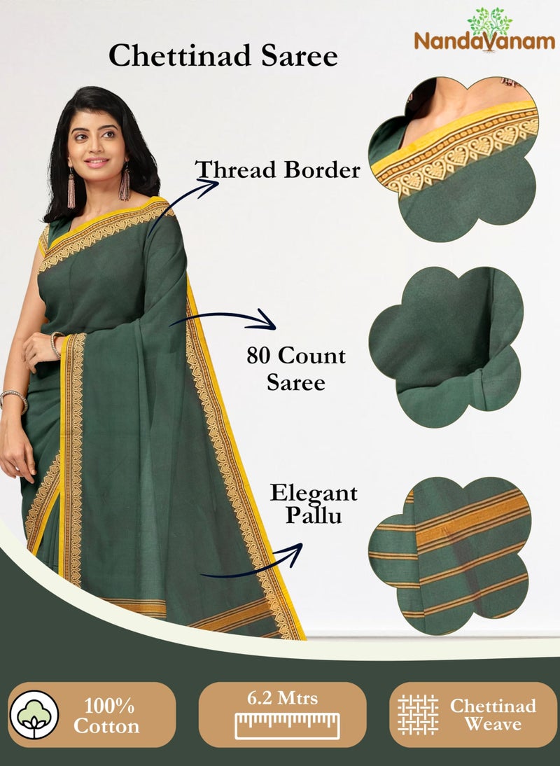 NandaVanam Women's Chettinad Cotton Sarees | Handloom Saree with Blouse | Pure Cotton Sarees for Women Daily use and All Occasion Wear| Soft, Comfort Cotton Saree (Bottle Green) - Image 2