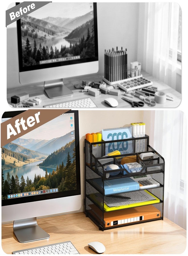 Docnest 4 Tier Mesh Desk Organizer, Multi-Functional Paper Letter Tray with 5 Adjustable Compartments & 3 Pen Holders - Space-Saving Desktop Storage for Office Files, Mail, Stationery - Black - Image 2
