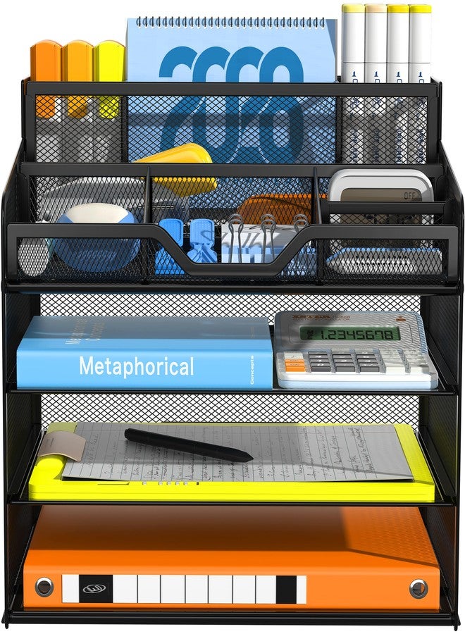 Docnest 4 Tier Mesh Desk Organizer, Multi-Functional Paper Letter Tray with 5 Adjustable Compartments & 3 Pen Holders - Space-Saving Desktop Storage for Office Files, Mail, Stationery - Black - Image 1