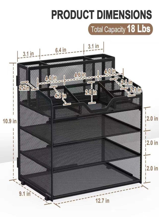 Docnest 4 Tier Mesh Desk Organizer, Multi-Functional Paper Letter Tray with 5 Adjustable Compartments & 3 Pen Holders - Space-Saving Desktop Storage for Office Files, Mail, Stationery - Black - Image 3
