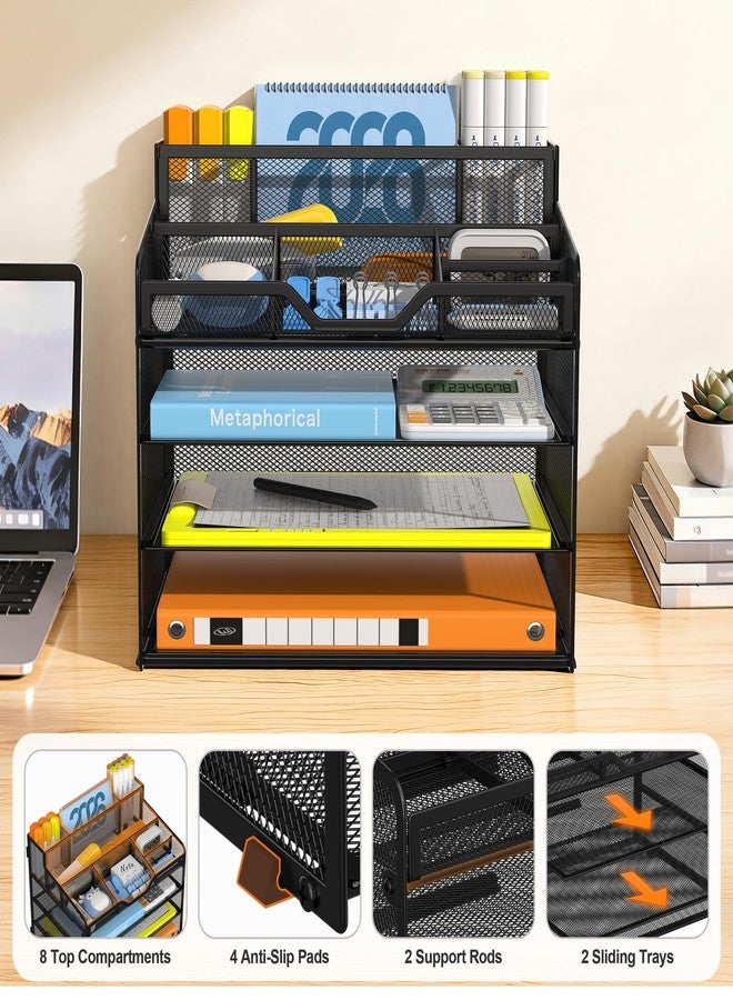 Docnest 4 Tier Mesh Desk Organizer, Multi-Functional Paper Letter Tray with 5 Adjustable Compartments & 3 Pen Holders - Space-Saving Desktop Storage for Office Files, Mail, Stationery - Black - Image 4