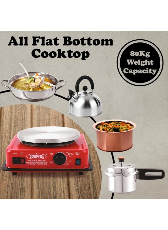 COOKWELL Stainless Steel with Automatic Thermostat Electric Hot Plate 950W Manual Induction Cooktop, Red - Image 2
