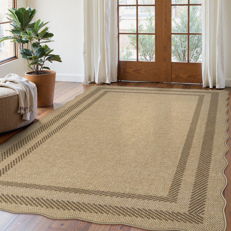 LIVEBOX Scalloped Washable 5x7 Rug, Easy Jute Tan Rugs for Living Room, Indoor Geometric Rug for Bedroom, Outdoor Farmhouse Non-Slip Rug Dining Room Mat Modern Carpet Area Rug for Patio Home Office - Image 1