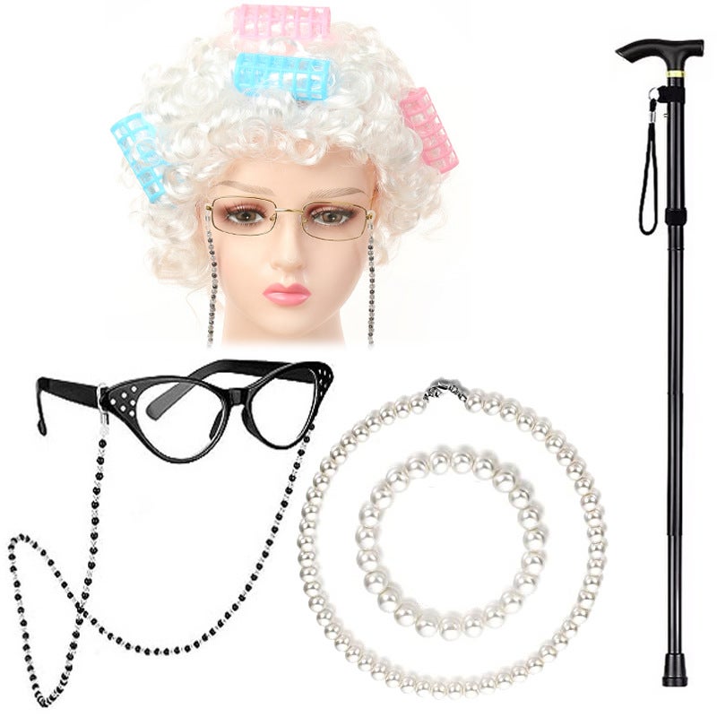 Generic Halloween Granny Wig Cosplay Kids Elderly Costume Set White curly hair mixed six-piece set