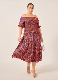 Styli Plus Size All-Over Printed Smocked A-Line Midi Dress  - Image 1
