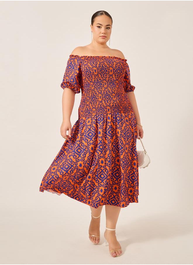 Styli - Plus Size All-Over Printed Smocked A-Line Midi Dress - Image 1