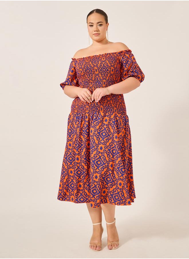 Styli - Plus Size All-Over Printed Smocked A-Line Midi Dress - Image 1