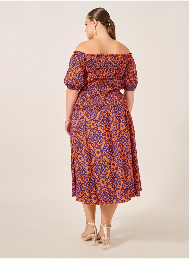 Styli - Plus Size All-Over Printed Smocked A-Line Midi Dress - Image 1