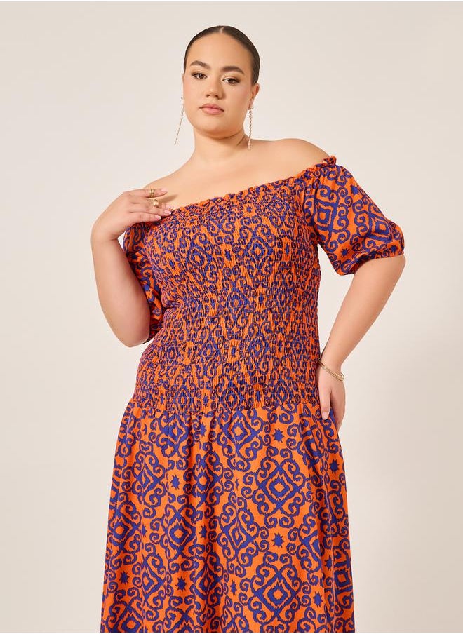 Styli - Plus Size All-Over Printed Smocked A-Line Midi Dress - Image 1