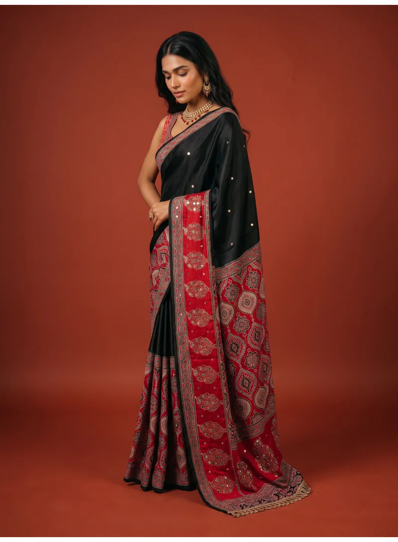 Khaaka Black Ajrakh Saree with Unstitched Blouse Material
