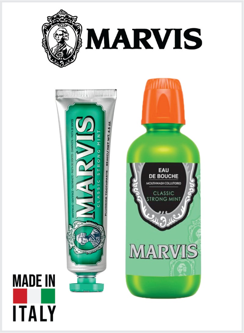 Marvis مجموعة العناية بالفم بالنعناع الكلاسيكية – معجون أسنان بالفلورايد 85 مل + غسول فم 400 مل، نفس منعش قوي ونظافة يومية