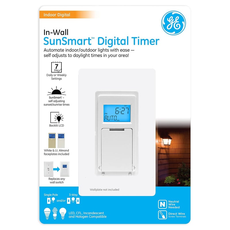 GE SunSmart Digital in-Wall Timer, Daily ON/Off Times, Programmable Settings, Sunset/Sunrise Presets, Vacation Security, White & Almond, Lights, Fans, Heaters, Switch, Light Switch, 32787 - Image 1
