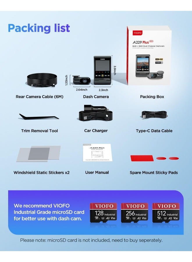 Viofo A229 Plus 2-Channel Dash Camera for Car – Dual Dash Cam Front & Rear 2K+2K HDR, Car DashCam with GPS, 5GHz WiFi, Voice Control, Sony STARVIS 2 Dash Board Cam - Image 3