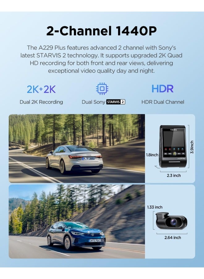 Viofo A229 Plus 2-Channel Dash Camera for Car – Dual Dash Cam Front & Rear 2K+2K HDR, Car DashCam with GPS, 5GHz WiFi, Voice Control, Sony STARVIS 2 Dash Board Cam - Image 4