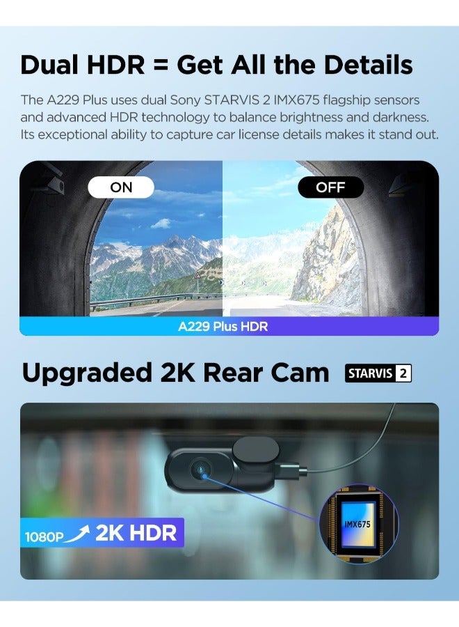 Viofo A229 Plus 2-Channel Dash Camera for Car – Dual Dash Cam Front & Rear 2K+2K HDR, Car DashCam with GPS, 5GHz WiFi, Voice Control, Sony STARVIS 2 Dash Board Cam - Image 5