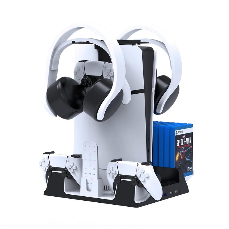 JOYTORN PS5 Vertical Stand with Cooling Fan and Dual Controller Charger Station for PlayStation 5/Slim Console, PS-5 Accessories with Headset Hooker,14 Game Rack Storage, Media Remote Organizer - Image 1