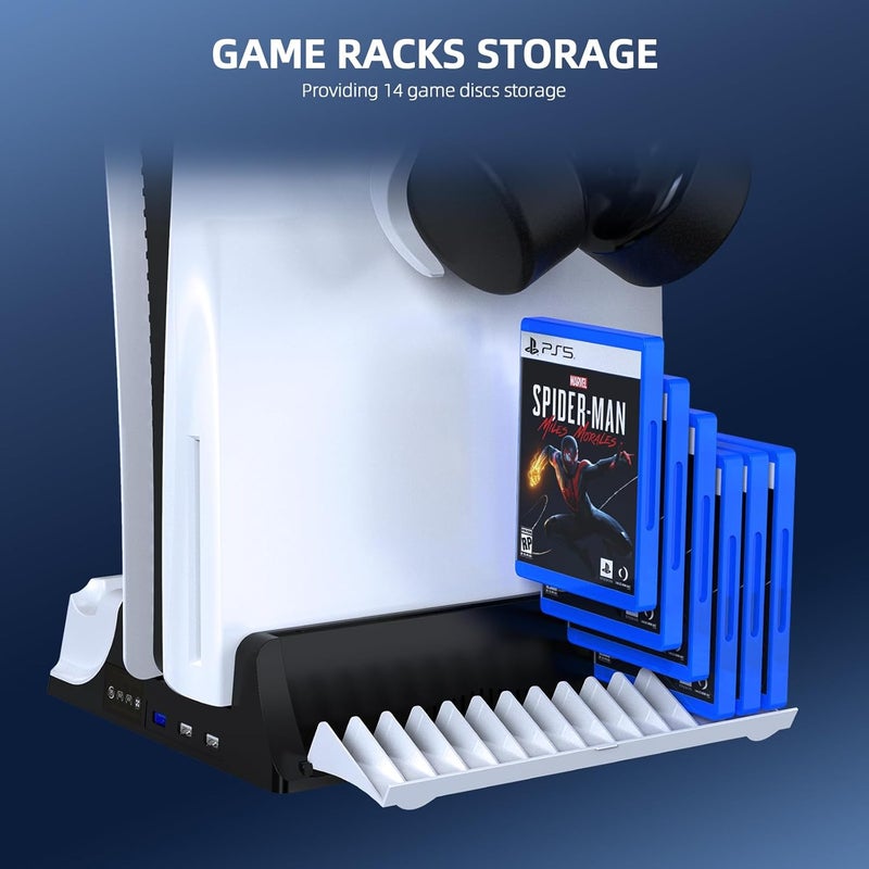 JOYTORN PS5 Vertical Stand with Cooling Fan and Dual Controller Charger Station for PlayStation 5/Slim Console, PS-5 Accessories with Headset Hooker,14 Game Rack Storage, Media Remote Organizer - Image 5