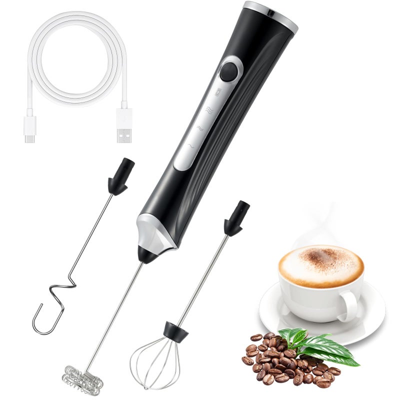freebala Handheld Electric Milk Frother With 3 Heads  Coffee Whisk Foam Mixer With Usb Rechargeable 3 Speeds  Foam Maker Blender For Latte  Cappuccino  Hot Chocolate  Egg  Powders (Black With 3 Heads) - Image 1