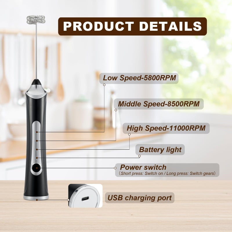 freebala Handheld Electric Milk Frother With 3 Heads  Coffee Whisk Foam Mixer With Usb Rechargeable 3 Speeds  Foam Maker Blender For Latte  Cappuccino  Hot Chocolate  Egg  Powders (Black With 3 Heads) - Image 3