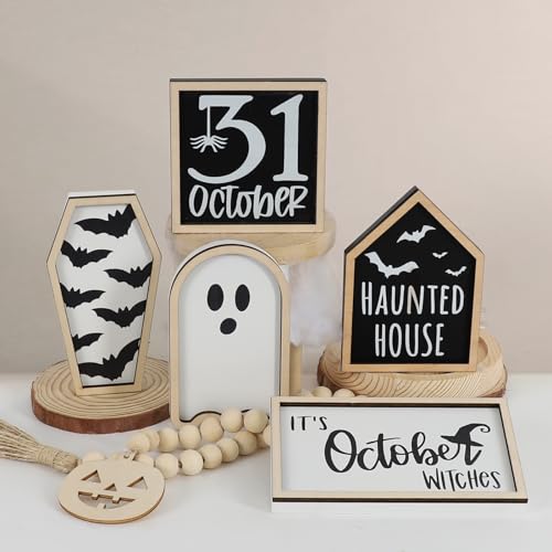 DAZONGE Halloween Decorations | 6PCS Halloween Tiered Tray Decor | Bat Coffin, Haunted House, Ghost, Witches, October 31 Sign, Bead Garland | Halloween Decor | Halloween Centerpiece for Table Shelf - Image 3