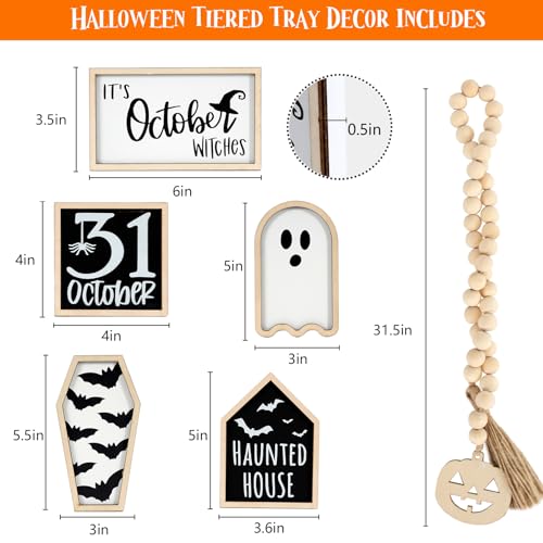 DAZONGE Halloween Decorations | 6PCS Halloween Tiered Tray Decor | Bat Coffin, Haunted House, Ghost, Witches, October 31 Sign, Bead Garland | Halloween Decor | Halloween Centerpiece for Table Shelf - Image 4