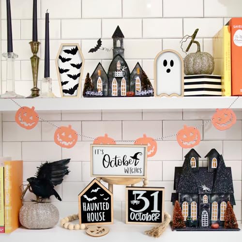 DAZONGE Halloween Decorations | 6PCS Halloween Tiered Tray Decor | Bat Coffin, Haunted House, Ghost, Witches, October 31 Sign, Bead Garland | Halloween Decor | Halloween Centerpiece for Table Shelf - Image 5