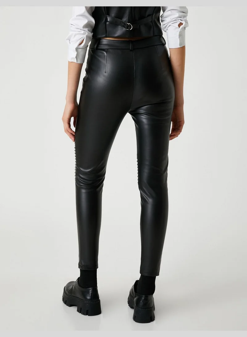 كوتون Ribbed Zipper Detail Faux Leather Leggings