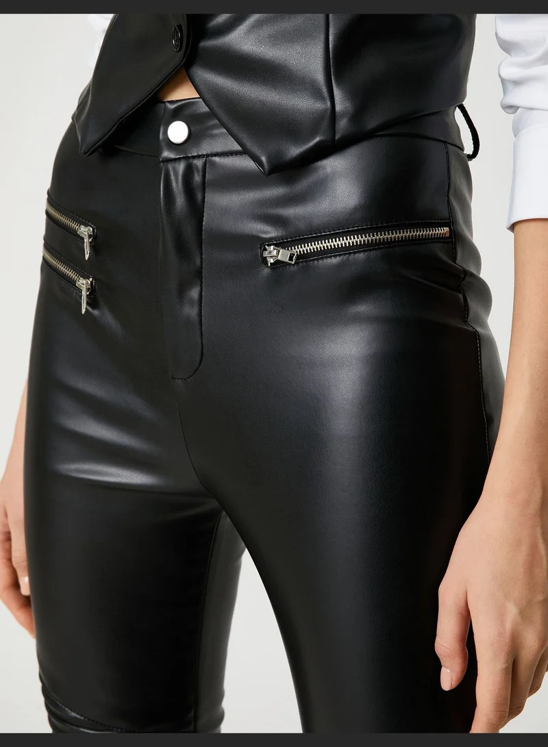 كوتون Ribbed Zipper Detail Faux Leather Leggings