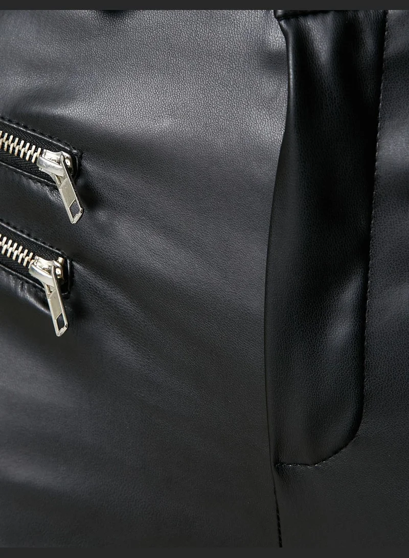كوتون Ribbed Zipper Detail Faux Leather Leggings