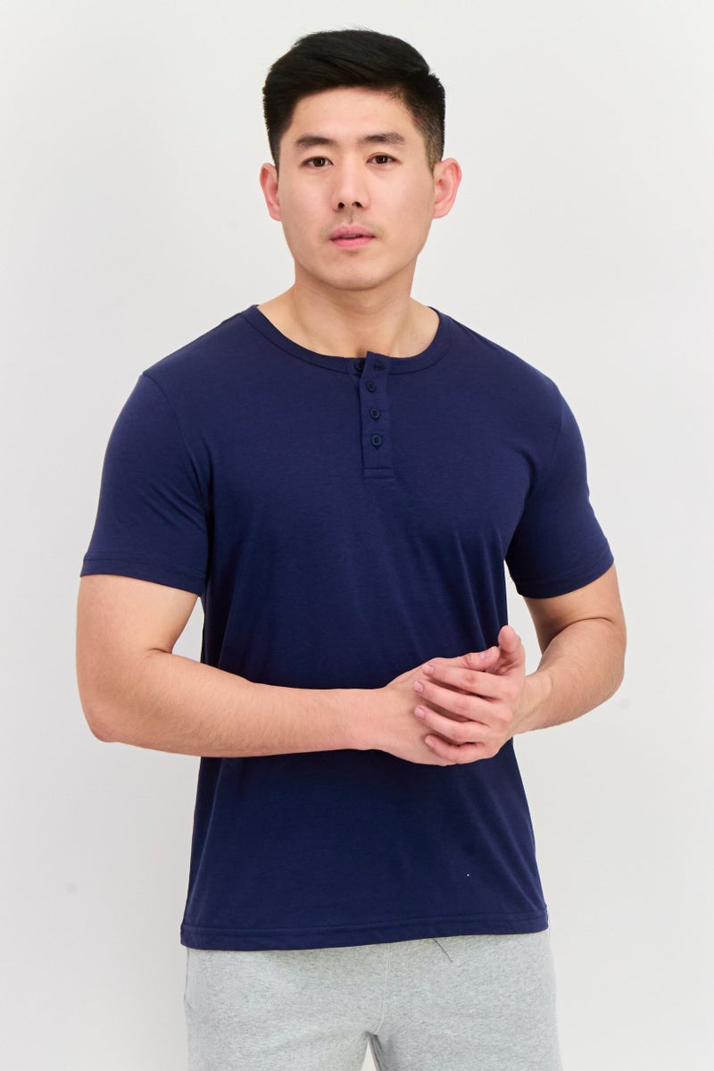 Project Essentials Men Henley Neck Short Sleeve Solid T-Shirt, Navy - Image 1